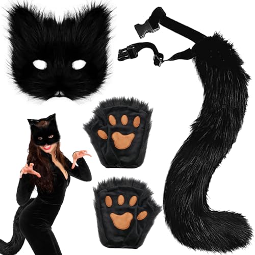 AUNGKWANG 3 Stück Schwarz Pelzige Fuchs Maske, Schwanz und Pfoten Handschuhe Set, Cosplay Kostüm Zubehör für Halloween Weihnachten Karneval Party Verkleiden für Kinder und Erwachsene AUNGKWANG 3 Stück Schwarz Pelzige Fuchs Maske, Schwanz und Pfoten Handschuhe Set, Cosplay Kostüm Zubehör für Halloween Weihnachten Karneval Party Verkleiden für Kinder und Erwachsene von AUNGKWANG