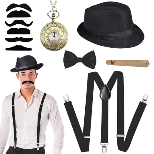 AUNGKWANG 20er Jahre Kostüm Herren Accessoires, Peaky Blinders Kostüm, 1920er Jahre Mafia Kostüm Herren mit Gangster Panamahut Hosenträger Taschenuhr Bärte Fliege für Halloween Kostüm Party Cosplay von AUNGKWANG