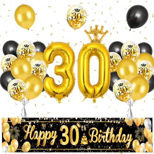 AUNGKWANG 30. Geburtstag Deko: 25 Stück Schwarz-Gold Luftballons, Ballonsatz mit Banner, Krone & Zahlenballons für Erwachsene (Unisex) AUNGKWANG 30. Geburtstag Deko: 25 Stück Schwarz-Gold Luftballons, Ballonsatz mit Banner, Krone & Zahlenballons für Erwachsene (Unisex) von AUNGKWANG