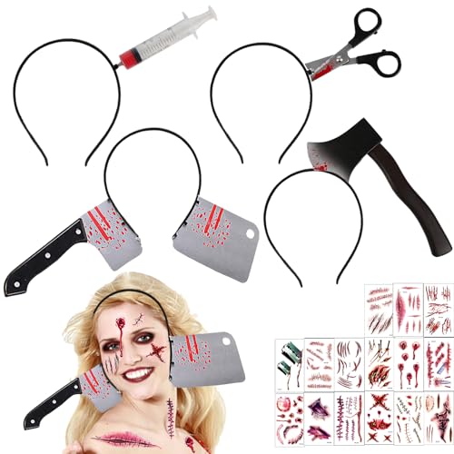 AUNGKWANG Halloween Horror Haarreif Set - 5 Stück Messer im Kopf, Zombie Scars Tattoo, Accessoires für Karneval Kostüm Party von AUNGKWANG