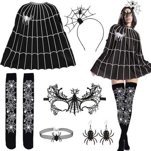 AUNGKWANG Halloween Kostüm Spinne, 6 Stück Spinnenkostüm Damen, Halloween Haarreif, Spinne Maske, Spinnennetz Poncho, für Karneval Party Dress Up Erwachsene AUNGKWANG Halloween Kostüm Spinne, 6 Stück Spinnenkostüm Damen, Halloween Haarreif, Spinne Maske, Spinnennetz Poncho, für Karneval Party Dress Up Erwachsene von AUNGKWANG