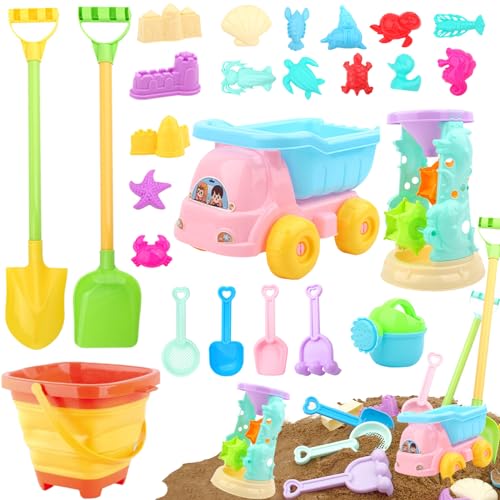 AUNGKWANG Sandspielzeug Strandspielzeug Kinder, 26 Stück Sandkasten Spielzeug mit Faltbarer Eimer, Sandförmchen, Spaten, Sanduhr, Strandbuggy, Duschkopf, Gartenspielzeug ab 2-5 Jahre Mädchen Junge von AUNGKWANG