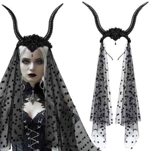 AUOCATTAIL Gothic Teufelshörner Schleier Stirnband Halloween Antilope Hörner Blumenkrone Langschleier Schafhorn Haarreifen Kopfbedeckung für Frauen Halloween Party Cosplay Kopfschmuck AUOCATTAIL Gothic Teufelshörner Schleier Stirnband Halloween Antilope Hörner Blumenkrone Langschleier Schafhorn Haarreifen Kopfbedeckung für Frauen Halloween Party Cosplay Kopfschmuck von AUOCATTAIL
