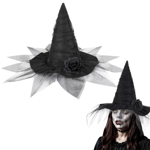 AUOCATTAIL Halloween Hexenhüte Gothic Schleier Rose Spitze Spitze Zauberer Hut Dress Up Frauen Halloween Cosplay Kostüm Zubehör (Schwarz) von AUOCATTAIL
