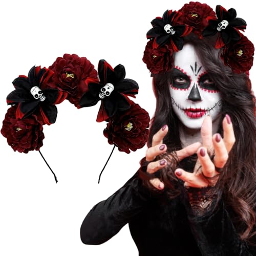 AUOCATTAIL Halloween Schädel Blume Stirnband mexikanische Rose Floral Crown Gothic Tag der Toten Kopfschmuck für Frauen Cosplay Party, Rot/Ausflug, einfarbig (Getaway Solids), Small von AUOCATTAIL