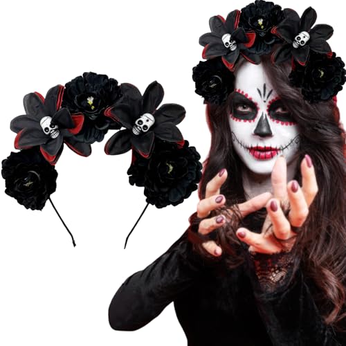 AUOCATTAIL Halloween Schädel Blume Stirnband mexikanische Rose Floral Crown Gothic Tag der Toten Kopfschmuck für Frauen Cosplay Party, Schwarz, Small AUOCATTAIL Halloween Schädel Blume Stirnband mexikanische Rose Floral Crown Gothic Tag der Toten Kopfschmuck für Frauen Cosplay Party, Schwarz, Small von AUOCATTAIL