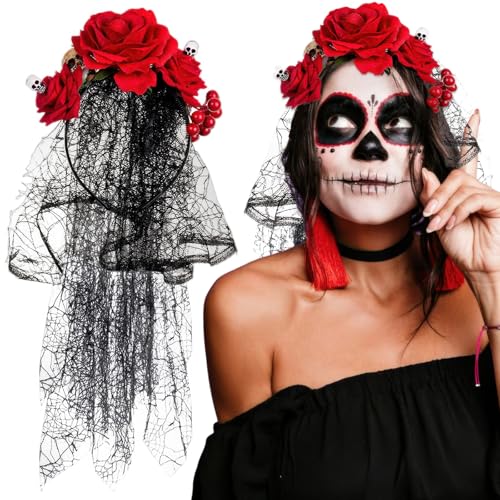 AUOCATTAIL Mexikanische Rose Blume Stirnband Tag der Toten Totenkopf Spitze Schleier Blumenkrone Kopfschmuck für Frauen Mädchen Halloween Maskerade Party Kostüm AUOCATTAIL Mexikanische Rose Blume Stirnband Tag der Toten Totenkopf Spitze Schleier Blumenkrone Kopfschmuck für Frauen Mädchen Halloween Maskerade Party Kostüm von AUOCATTAIL
