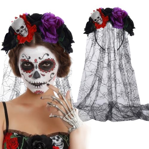 AUOCATTAIL Mexikanischer Totenkopf-Blumenschleier, Stirnband, Tag der Toten, Rose, Blumenkrone, Kopfschmuck für Frauen und Mädchen, Halloween, Cosplay (Schwarz / Lila) von AUOCATTAIL
