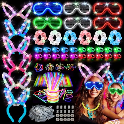 AUOHTOWRT 464-teiliges Leuchtstäbchen-Set, 200 Leuchtstäbe, 20 Erdbeerlichter, 6 LED-Gläser, 6 Leuchtröhren, 6 leuchtende Hasenohren usw., Neon-Partygeschenke für Glow Party, Festivals von AUOHTOWRT