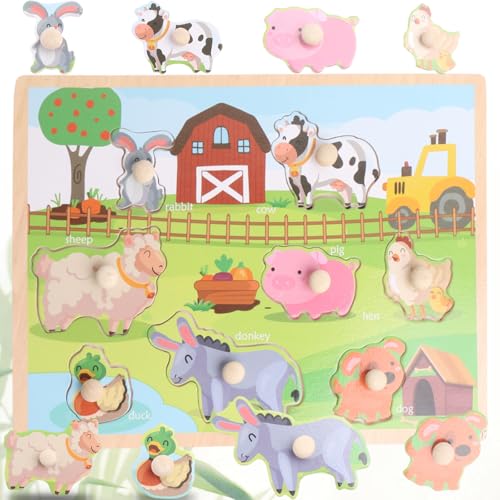 Holzpuzzle Kinder Steckpuzzle Holz ab 1 Jahr 2 3 Jahre Spielzeug Puzzle Bauernhof Tiere Holzspielzeug Großen Holzknöpfen Lernspielzeug für Jungen und Mädchen Kindergeschenke von AUPERTO