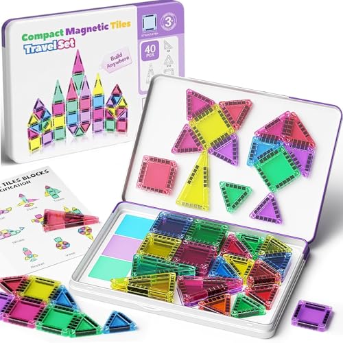 AURIVEE Magnetische Fliesen, 40 Teile Magnetische Bausteine Set in Mini Größe mit Eisenbox, Tragbares STEM Spielzeug für Reisen, Geschenk für Jungen und Mädchen ab 3 Jahre von AURIVEE