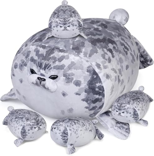 AURWEL XXL Robbe Kuscheltier 40cm – Kuschelweiches Seal Plüschtier mit 4 Babyrobben, Großes Stofftier & Kinderzimmer Deko, Leicht zu Reinigendes Spielzeug, Kinder und Tierfans von AURWEL