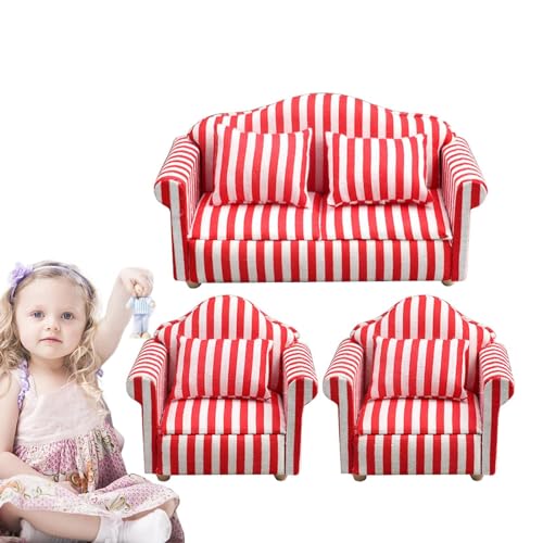 AUTOECHO Puppenhaus-Sofa-Set, Puppenhaus-Couch, Puppenhausmöbel im Maßstab 1:12, Couch und Stuhl - Miniatursofa aus Holzstoff, rote und weiße Streifen, hochsimuliertes Kinderspielzeug für Mädchen von AUTOECHO