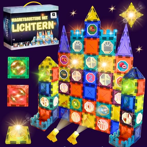 AUVAN® Magnetische Konstruktionen für Kinder mit farbwechselnden Lichtern. Magnetische Bausteine für Kinder, Magnetset, 76 Stück, magnetische Bausteine, Spielzeug, 3, 4, 5 Jahre von AUVAN