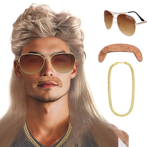 AUXHCYL Vokuhila Perücke Herren - 80er 90er Jahre Outfit Accessoires, Blond Perücken, Wig Sonnenbrille Goldkette Bart, Männer Perrücke für Faschingskostüme Karneval Fasching Punk Rock Party AUXHCYL Vokuhila Perücke Herren - 80er 90er Jahre Outfit Accessoires, Blond Perücken, Wig Sonnenbrille Goldkette Bart, Männer Perrücke für Faschingskostüme Karneval Fasching Punk Rock Party von AUXHCYL