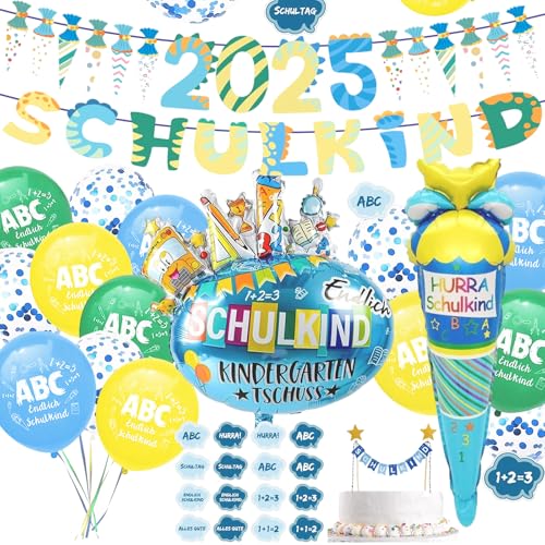 Einschulung Deko Junge Set - Schulkind Girlande + 2025 Zuckertüten Banner + Hurra Schulkind Zuckertüte Folienballon + 20 Luftballon +Torten-Fähnchen + 16 Konfetti Schulanfang Schuleinführung Deko von AUXHCYL