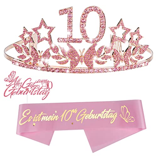 AUXSOUL 10 Geburtstags Schärpe Krone und Kuchendeckel, Rose Gold Kristall Tiara Prinzessin Geburtstagskrone und Schärpe für Geburtstag Party Favor Supplies von AUXSOUL