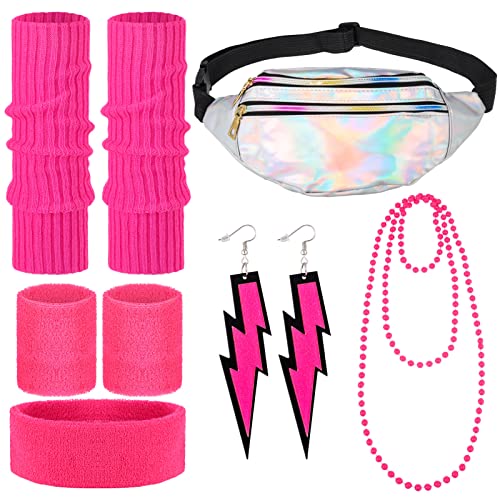 AUXSOUL 80 Jahre Kostüm Zubehör für Damen Set,Bauchtasche,Neon Beinwärmer,Stirnband,Armband,Blitz-Ohrringe,80s Women Accessories Set für 80er Jahre Thema Party Zubehör, Rosenrot von AUXSOUL