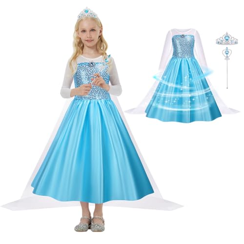 AUYAO Elsa Kostüm Kinder Girl Mädchen Frozen Kleid 4teiliges Set Kinder Prinzessin Kleid mit Krone Diadem Zauberstab für Weihnachten Verkleidung Karneval Halloween Rollenspiel Geburtstag Party (120cm) von AUYAO