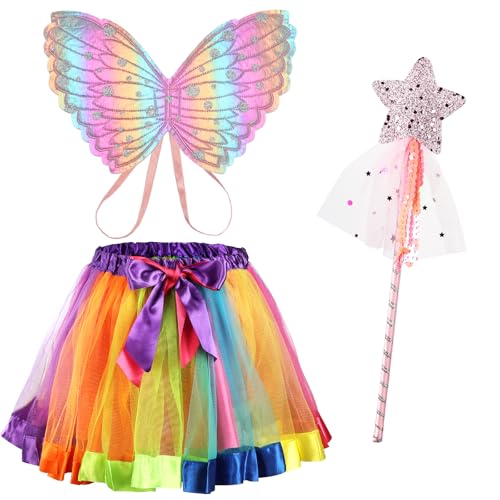 AUYAO Feenflügel Kostüm Kinder 3Pcs Schmetterlings Flügel Mädchen Prinzessinnenflügel Elfen Fee Anzieh Sets mit Tutu Haarband Zepter für Halloween Karneval Geburtstag Fasching Kostüm Requisiten Farbig von AUYAO