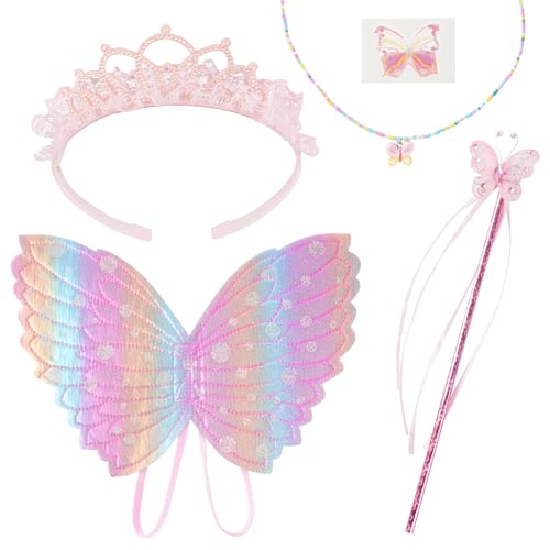 AUYAO Feenflügel Kostüm Kinder 5 Pcs Schmetterlings Flügel Mädchen Rosa Prinzessinflügel Elfen Fee Anzieh Set mit Prinzessinnenkrone Halskette Zepter Aufkleber Kindershow Karneval Geburtstag Fasching von AUYAO