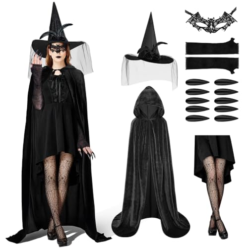 AUYAO Hexenkostüm Damen, 6PC Hexen Kostüm Komplettset mit Zaubererhut/Kapuzenumhang/Halbfingerhandschuhe/Netzstrümpfe/Maske/Maniküre, Halloween Kostüm Damen für Halloween Hexe Vampir Cosplay Party 150 AUYAO Hexenkostüm Damen, 6PC Hexen Kostüm Komplettset mit Zaubererhut/Kapuzenumhang/Halbfingerhandschuhe/Netzstrümpfe/Maske/Maniküre, Halloween Kostüm Damen für Halloween Hexe Vampir Cosplay Party 150 von AUYAO