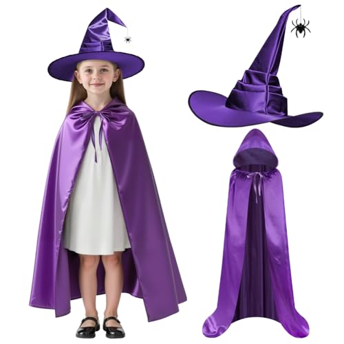 AUYAO Hexenkostüm Damen, Hexen Kostüm Komplettset mit Kapuzenumhang Spinnenhexenhut, Hexen Umhang Halloween Kostüm Erwachsene Damen für Halloween Karneval Maskerade Hexe Vampir Cosplay Party(Lila,100) von AUYAO