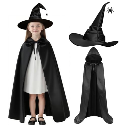 AUYAO Hexenkostüm Damen, Hexen Kostüm Komplettset mit Kapuzenumhang Spinnenhexenhut, Hexen Umhang Halloween Kostüm Erwachsene für Halloween Karneval Maskerade Hexe Vampir Cosplay Party (Schwarz,100) von AUYAO
