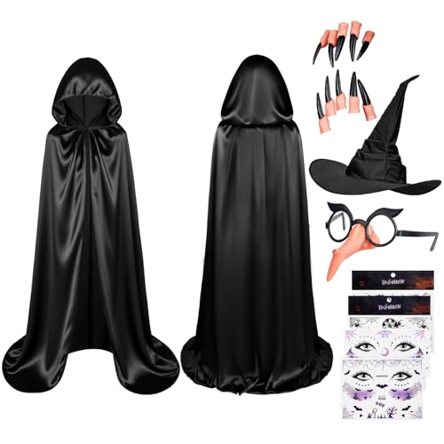 AUYAO Hexenkostüm Damen 8PC Hexen Kostüm Komplettset mit Zaubererhut/Kapuzenumhang/Hexennase/Hexenaufkleber/Kunstnägel Halloween Kostüm Erwachsene für Halloween Maskerade Hexe Vampir Cosplay Party 150 AUYAO Hexenkostüm Damen 8PC Hexen Kostüm Komplettset mit Zaubererhut/Kapuzenumhang/Hexennase/Hexenaufkleber/Kunstnägel Halloween Kostüm Erwachsene für Halloween Maskerade Hexe Vampir Cosplay Party 150 von AUYAO