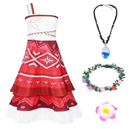 AUYAO Kinder Moana Prinzessin Mädchen Kostüm 4 Pcs Vaiana Sommer Kleid Verkleidung mit Zubehör Blumenkrone Halskette Blumenclip Girls Princess Kostüm Verkleidung Karneval Halloween Geburtstag (150cm) von AUYAO