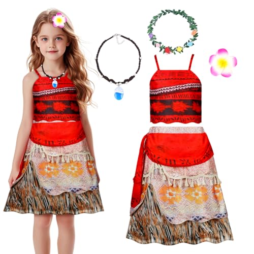 AUYAO Kinder Moana Prinzessin Mädchen Kostüm 5 Pcs Vaiana Kleid Verkleidung mit Zubehör Blumenkrone Halskette Blumenclip Girls Princess Kostüm Verkleidung Karneval Halloween Geburtstag Party (120cm) von AUYAO