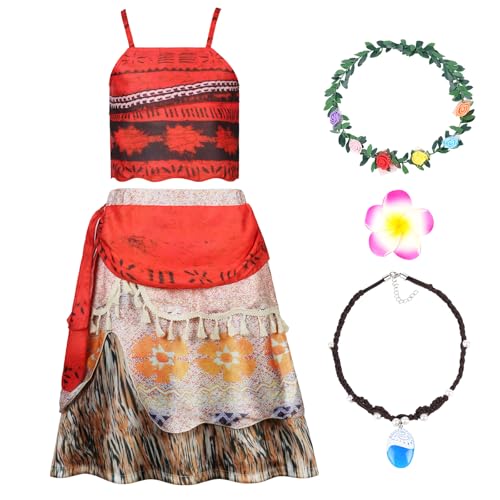 AUYAO Kinder Moana Prinzessin Mädchen Kostüm 5 Pcs Vaiana Kleid Verkleidung mit Zubehör Blumenkrone Halskette Blumenclip Girls Princess Kostüm Verkleidung Karneval Halloween Geburtstag Party (100cm) von AUYAO
