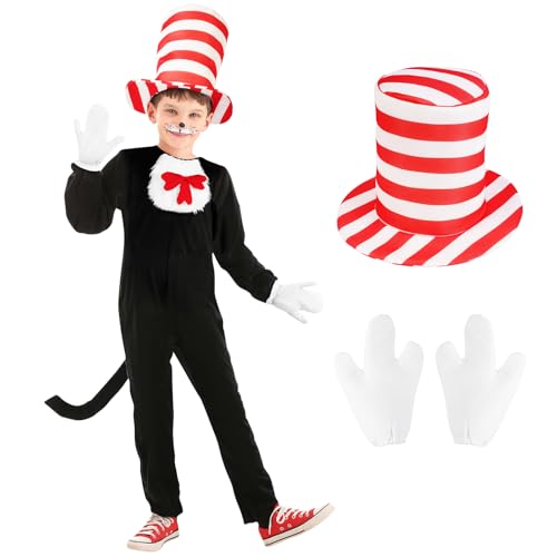 AUYAO Kostüm für Kinder Verrückte Katze The Cat In The Hat Jumpsuit 3 Pcs Einteiliges Outfit Gestreift Roter Hut Rote Fliege Weiße Handschuhe Katzenschwanz Gesichtsfarbe Weltbuchtag Kostüm 110 AUYAO Kostüm für Kinder Verrückte Katze The Cat In The Hat Jumpsuit 3 Pcs Einteiliges Outfit Gestreift Roter Hut Rote Fliege Weiße Handschuhe Katzenschwanz Gesichtsfarbe Weltbuchtag Kostüm 110 von AUYAO