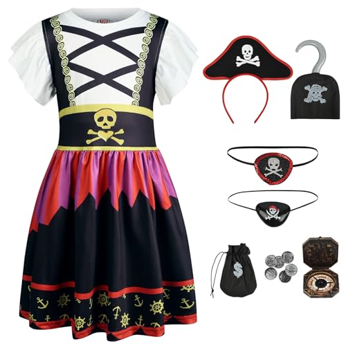 AUYAO Piratenkostüm-Set für Kinder 7PC Piraten Kostüm für Mädchen Kapitän-Outfit mit Piratenkleid/Geldbeutel/Stirnband/Kompass/Kinderkostüm Pirat Augenklappe/Kleiderhaken Piraten Kostüm Halloween 120 von AUYAO