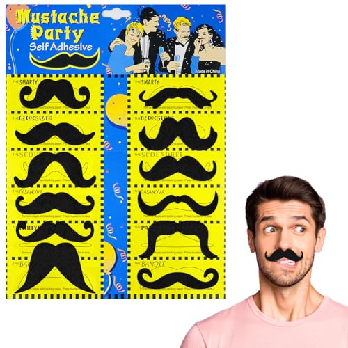 AUYAO Schnurrbart Selbstklebend Set 12 Pcs Selbstklebende Gefälschte Schnurrbärte Neuartige Falscher Schnurrbart Falscher Bärte für Party Weihnachtsfeier Geburtstag Halloween Mottopartys Kostümparty-A von AUYAO