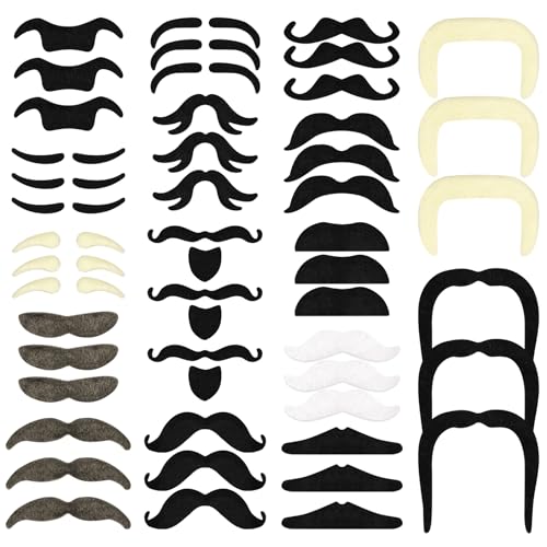 AUYAO Schnurrbart Selbstklebend Set 48 Pcs Selbstklebende Gefälschte Schnurrbärte Neuartige Falscher Schnurrbart Falscher Bärte für Party Weihnachtsfeier Geburtstag Halloween Mottopartys Kostümparty-D von AUYAO