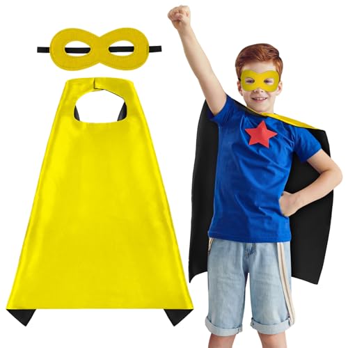 AUYAO Superheld Cape Costume Kids 2Pcs Kurzer Doppelseitiges Umhang mit Maske Halloween Kostüm Kinderkostüm Mädchen Junge Faschingskostüme Karneval Cosplay Superhelden Cape Kinder (B-Gelb+Schwarz) AUYAO Superheld Cape Costume Kids 2Pcs Kurzer Doppelseitiges Umhang mit Maske Halloween Kostüm Kinderkostüm Mädchen Junge Faschingskostüme Karneval Cosplay Superhelden Cape Kinder (B-Gelb+Schwarz) von AUYAO