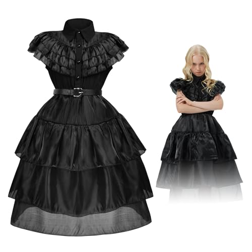 AUYAO Wednesday Schwarzer Tüll Kleid Outfits 2Set Kostüm mit Gürtel für Kinder Scream kleidung Mittelalterkleid Kostüm Mädchen Halloween Costume Maskerade Familienfeier Karneval Cosplay Party 120 von AUYAO