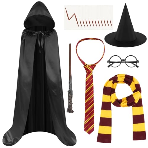 AUYAO Zauberer Kostüm Zubehör Jungen Mädchen 11Pcs Cosplay Kinder Schwarz Umhang/Mütze/Zauberstab/Gestreifte Krawatte/Gestreifter Schal/Runden Brille/Aufkleber Halloween Kostüme Accessoires Set 150CM von AUYAO