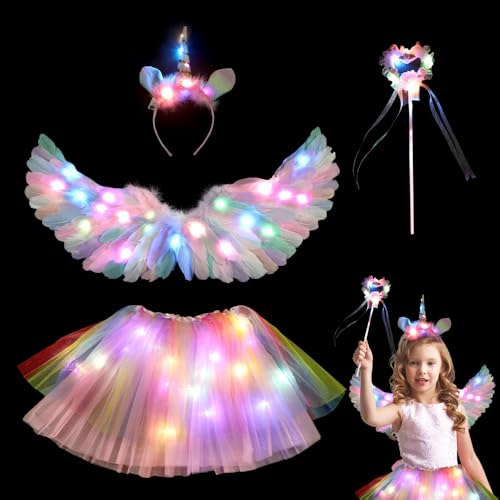 AVCXEC Leuchtend Einhorn Kostüm Kinder, 60 cm Bunt Federflügel Engelsflügel, 4 Stück Engelsflügel Kostüm, Einhorn Haarreif Zauberstab LED Tutu Tüllrock, Engelsflügel Federflügel, für Cosplay Karneval AVCXEC Leuchtend Einhorn Kostüm Kinder, 60 cm Bunt Federflügel Engelsflügel, 4 Stück Engelsflügel Kostüm, Einhorn Haarreif Zauberstab LED Tutu Tüllrock, Engelsflügel Federflügel, für Cosplay Karneval von AVCXEC