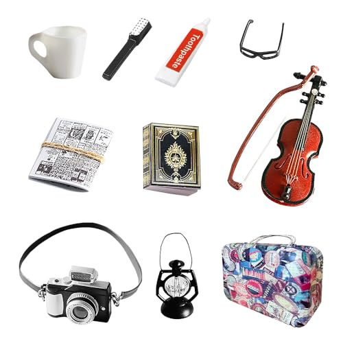 AVCXEC Puppenhaus Miniatur Zubehör, 10er Set, Miniatur Wichtel Weihnachten Set mit Koffer, Zahnbürsten, Zahnpasta, Bücher, Brillen, Kamera, Gitarre, Zeitung für 1/12 Puppenhaus von AVCXEC