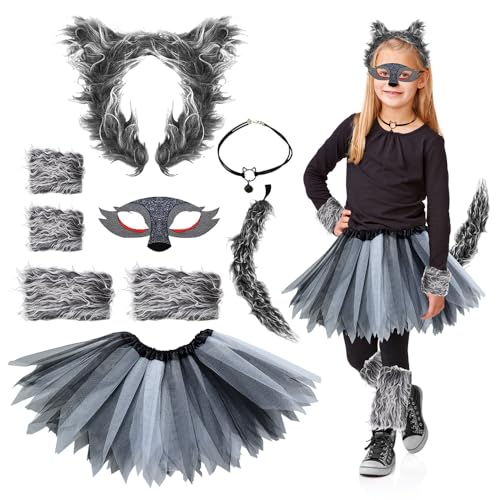 AVCXEC Werwolf Kostüm Kinder, Werwolf Kostüm Mädchen, Wolf Ohren und Schwanz Set,Wolf Maske Haarreifen Pfoten Tüllrock, Wolfskostüm Kostüm für Karneval Tiere Cosplay Geburtstag Party Faschingskostüm von AVCXEC