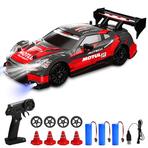 Drift Ferngesteuertes Auto, 1:24 Rennauto Mini RC Drift Car 2.4G RC Auto Spielzeug mit Fernbedienung und LED Licht 4WD 30 km/h Fernsteuerung Mini RC Car für Junge Mädchen Kinderspielzeug (Schwarz Rot) von AVCXEC