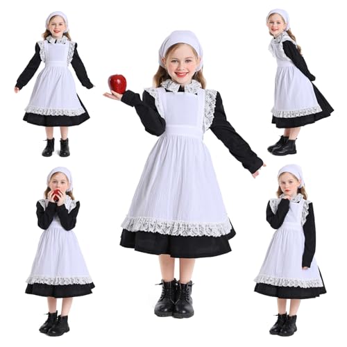 Kolonial-Kostüm für Kinder, Pionierwiesenkleid, Pilgerkostüm für Mädchen, inklusive weißer Schürzen und Pionierhaube von AVIFU