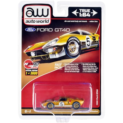 1966 Ford GT40 RHD (Rechtslenker) #5 Gold mit Grafik Limited Edition auf 3600 Stück weltweit 1/64 Druckguss Modellauto von Auto World von AW AUTO WORLD