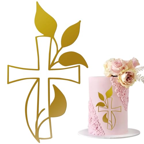 AWAVM 1 Stk Kuchendeko Kreuz Cake Topper Taube Gold Acryl Torte Deko, Schillernder Spiegeleffekt für Hochzeit, Geburtstag, Weihnachten, Party & mehr, Kreuz und Blätter (B) von AWAVM