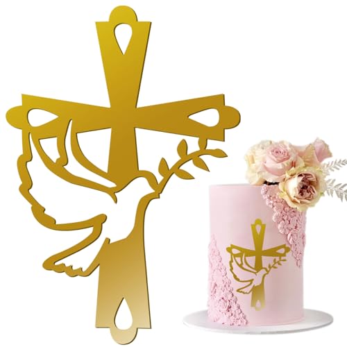 AWAVM 1 Stk Kuchendeko Kreuz Cake Topper Taube Gold Acryl Torte Deko, Schillernder Spiegeleffekt für Hochzeit, Geburtstag, Weihnachten, Party & mehr, Kreuz und Blätter (C) von AWAVM