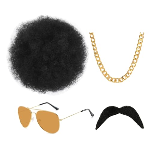 AWAVM 4Stück Hippie Kostüm Herren Set with mode afro perücke, sonnenbrille,schnauzbart,goldene kette für 70er 80er Cosplay Herren & Damen Fasching Karneval oder auf Festivals Disco Thema Party AWAVM 4Stück Hippie Kostüm Herren Set with mode afro perücke, sonnenbrille,schnauzbart,goldene kette für 70er 80er Cosplay Herren & Damen Fasching Karneval oder auf Festivals Disco Thema Party von AWAVM