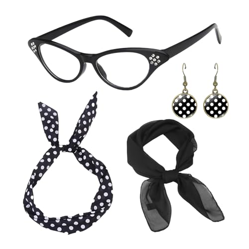 AWAVM 50er-Jahre-Kostüm-Zubehör, 1950er-Jahre-Kostüm-Zubehör, Katzenaugen-Brille, gepunktet, Bandana, Krawatte, Stirnband, Ohrringe, schwarz, für Damen, Mädchen, Damen, Kinder, von AWAVM