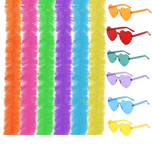 AWAVM 6 Stück 6,6 ft bunte Klappdeckel Boas 6 Stück Sonnenbrille ohne Rahmen Boas Federn Boa Kostüm Federn Boa Kostüm für Cosplay, Halloween (12 Stück) von AWAVM